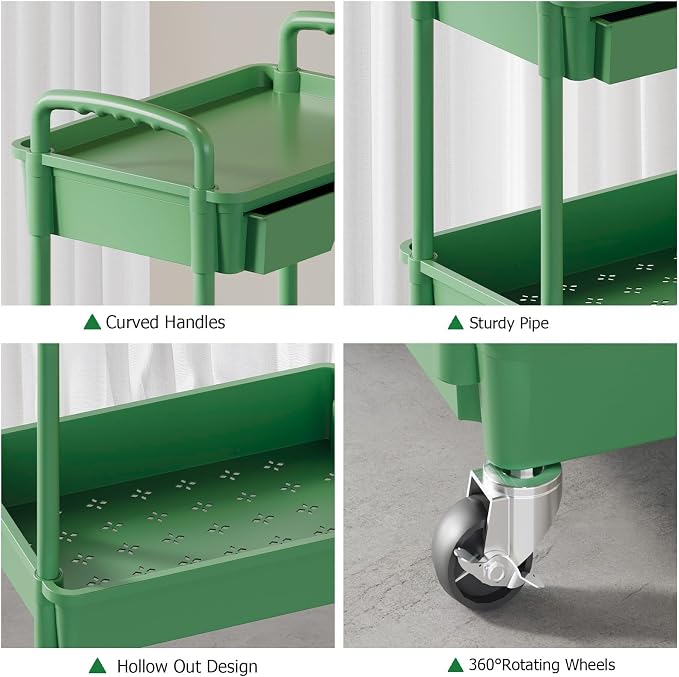 4 Tier Rolling Utility Cart with Drawer, Plastic Storage Organizer Rolling Carts with Wheels Handles Hanging Cups Hooks for Office, Bathroom, Kitchen,Craft Art Room (Green)