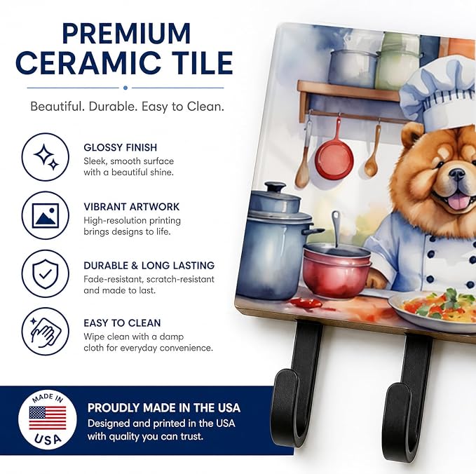 Caroline's Treasures Chow Chow The Chef Leash or Key Holder Wall Hooks, Key Hooks Holder, Coat Rack Wall Mount, Coat Hooks, Hooks for Hanging Keys, Towels, Aprons, Leashes | Chow Chow The Chef artwork on ceramic tile with three steel hooks for keys, le...