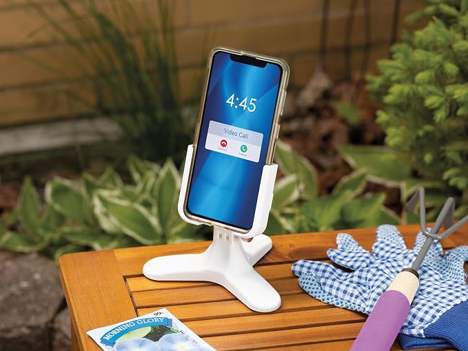 WeatherTech DeskFone Two View in White - Adjustable, Universal Cell Phone Holder Mount Stand for Desk, Counter, Table - Tripod Design for iPhone & Smartphone Charging - White Plastic Knobs