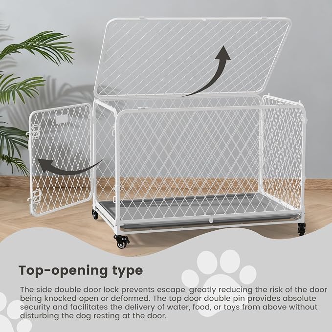 42 Inch Collapsible Dog Crate with Diamond Mesh, No-Tool Assembly Foldable Dog Kennel with 4 Lockable Wheels,Removable Tray,Portable Dog Cage for Medium/Large Dogs, Space-Saving, Indoor Outdoor Use