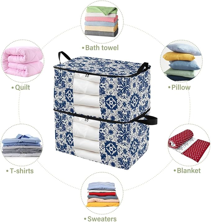 Generic Blue Mexican Talaveras Clothes Storage Bag Bins 2 Pack Foldable Storage Containers Large Closet Organizer with Zipper Quilt Bag for Comforters Clothing Bed Sheets 60L