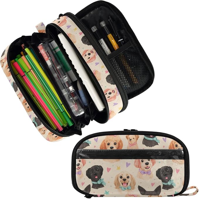 SUABO Pet Dog Love Stars Pencil Case Large Pen Stationery Bag | Pencil Pouch Stationery Organizer with Compartments, Transparent PVC Layer, School Office Supplies for Kids Adults