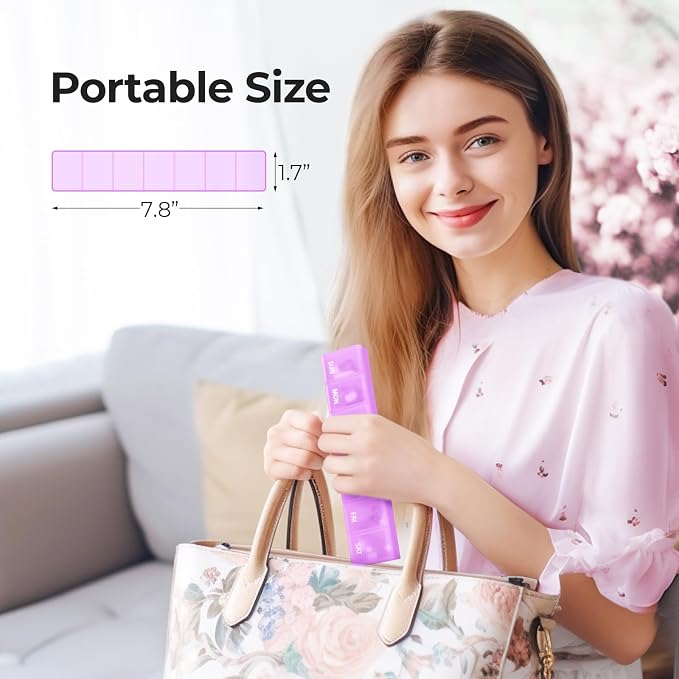 AUVON Weekly Pill Organizer with Effortless Opening Design, BPA-Free | Arthritis Friendly Pill Box, Cute Pill Organizer 7 Day, Portable Pill Case for Vitamins, Supplements and Medications, Purple
