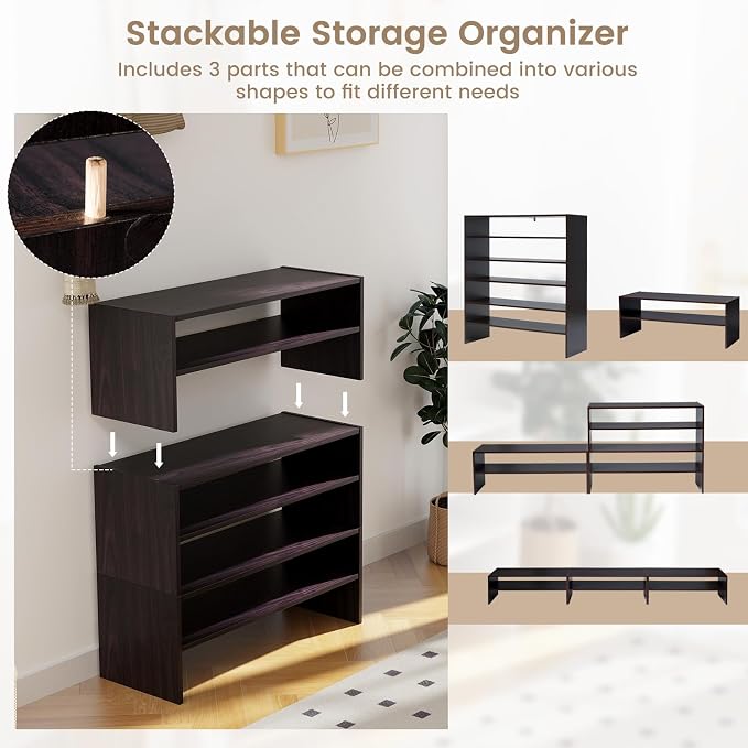 COSTWAY 6-Tier Shoe Rack, Extra Wide Shoe Shelf Organizer | Stackable Design, 31" Freestanding Storage Shoe Stand for Small Space Entryway Hallway Closet (Brown)