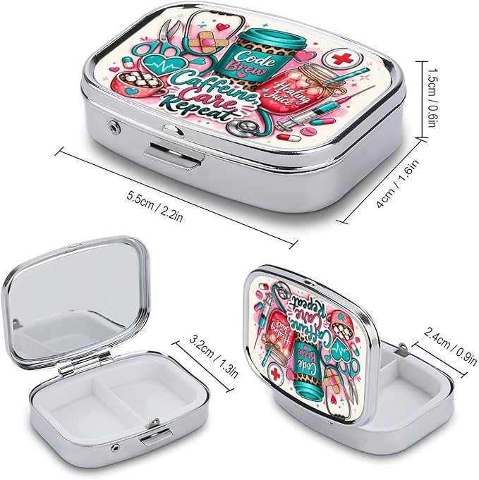 Cute Coffee and Care Collection Two Compartment Pill Box Medicine Organizer, Portable Pill Case with Secure Snap Closure for Vitamins Medication Supplements Daily Use