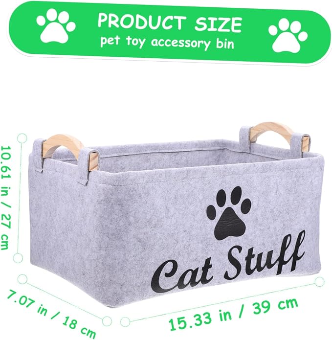 Wakauto Pet Organizer Bin with Handles Felt Storage Basket for Dog and Cat Accessories Portable Square Chest Container for Tidy Storage and Home Gray