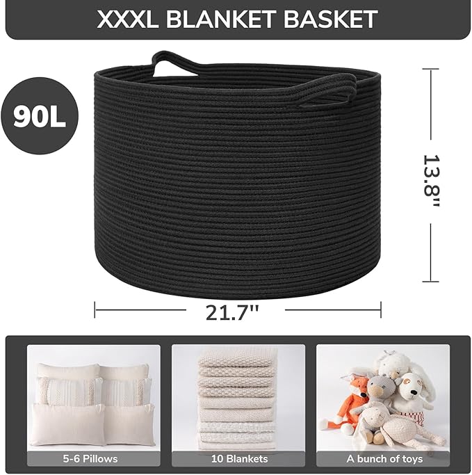 INDRESSME XXXLarge Woven Rope Blanket Basket Living Room Black, 90L | 21.7" x 13.8" Storage baskets for toys laundry & pillows. Fits living room, bedroom or nursery décor. Soft-touch with handles