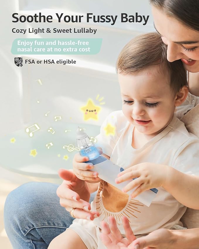 GROWNSY Nasal Aspirator for Baby, Electric Nose Aspirator for Toddler, Baby Nose Sucker, Automatic Nose Cleaner with 3 Silicone Tips, Adjustable Suction Level, Music and Light Soothing Function, Blue