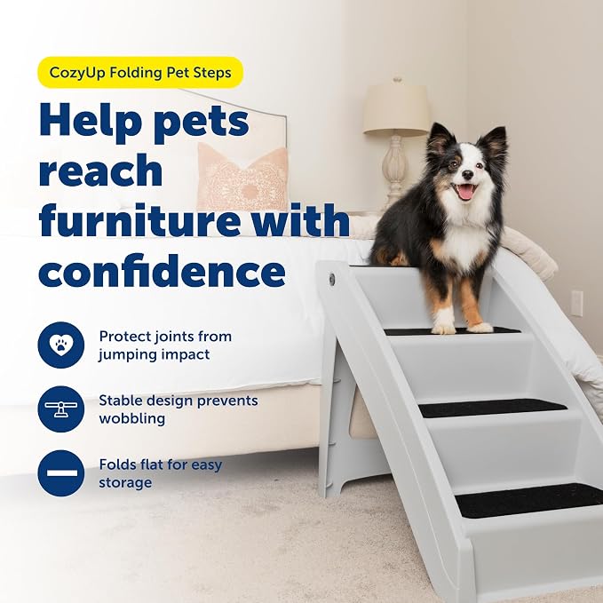 PetSafe CozyUp Folding Dog Stairs, Portable Indoor/Outdoor Pet Steps for Bed, Couch & Car, Grey, 25 Inch | Portable & Foldable 4-Step Stairs, Non-Skid Feet, Side Rails, Dog Steps for Bed, for Dogs up to 200 Lb