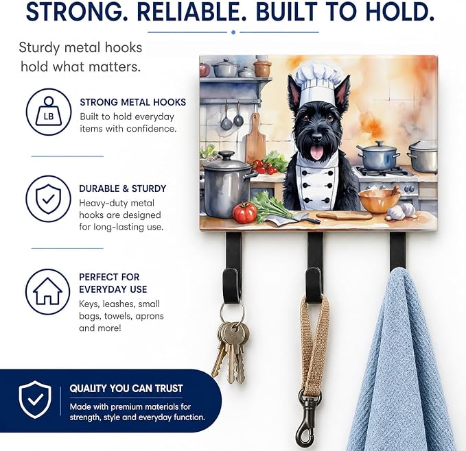 Caroline's Treasures Scottish Terrier The Chef Leash or Key Holder Wall Hooks, Key Hooks Holder, Coat Rack Wall Mount, Coat Hooks, Hooks for Hanging Keys, Towels, Aprons, Leashes | Scottish Terrier The Chef artwork on ceramic tile with three steel hook...