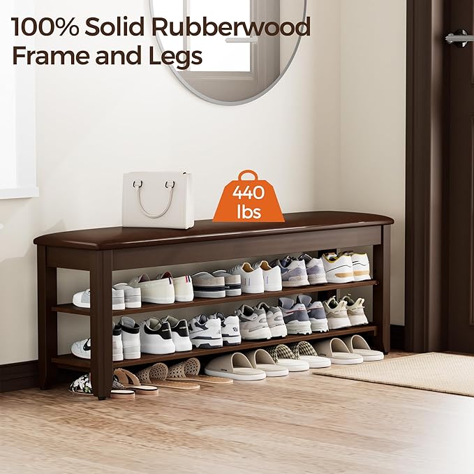 Homleke 47.2" Wide Solid Wood Shoe Rack Bench with Flip-Top Storage | 2-Tier Entryway Bench with Cushion, Adjustable Shelf, Holds Up to 12 Pairs, for Hallway, Bedroom and Closet, Walnut