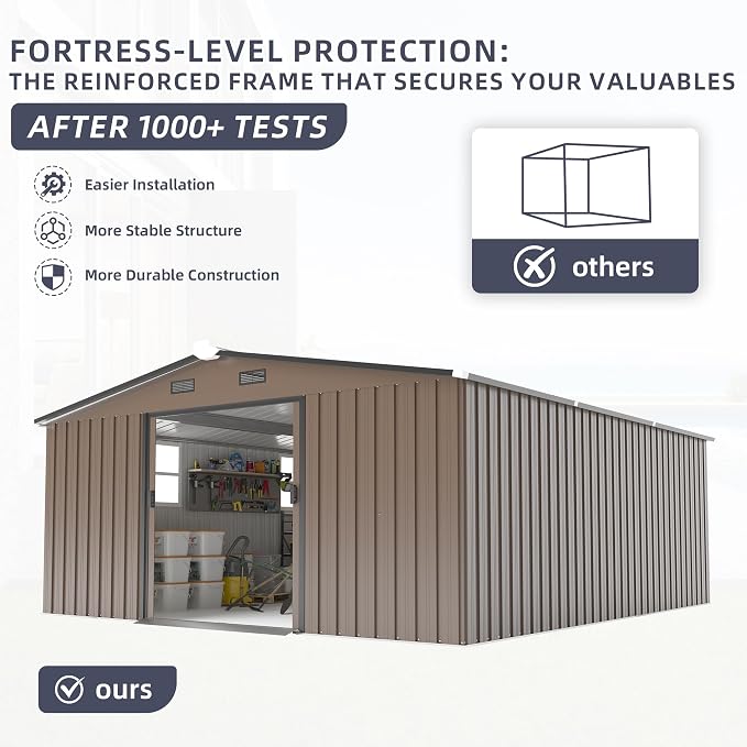 10x12FT Outdoor Metal Storage Shed, Two Daylight Windows, Brown | Ventilation Windows | Spacious Storage | Waterproof | Protective Film | for Patio, Lawn and Utility Equipment