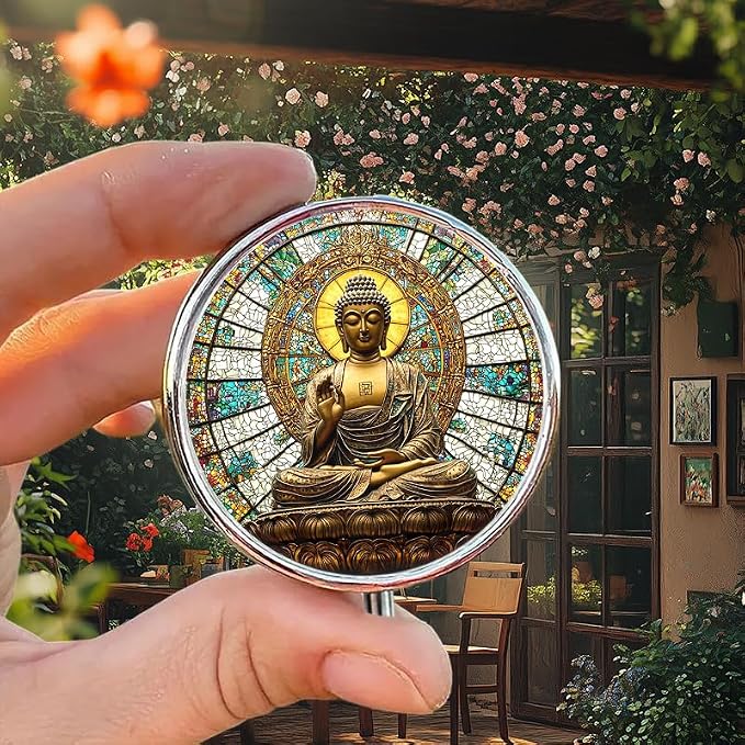 Portable Round 3 Compartment Metal Pill Box Buddha with A Halo Golden Statue Inside Intricate Stained Glass Window for Travel Organizing Medications and Daily Supplements