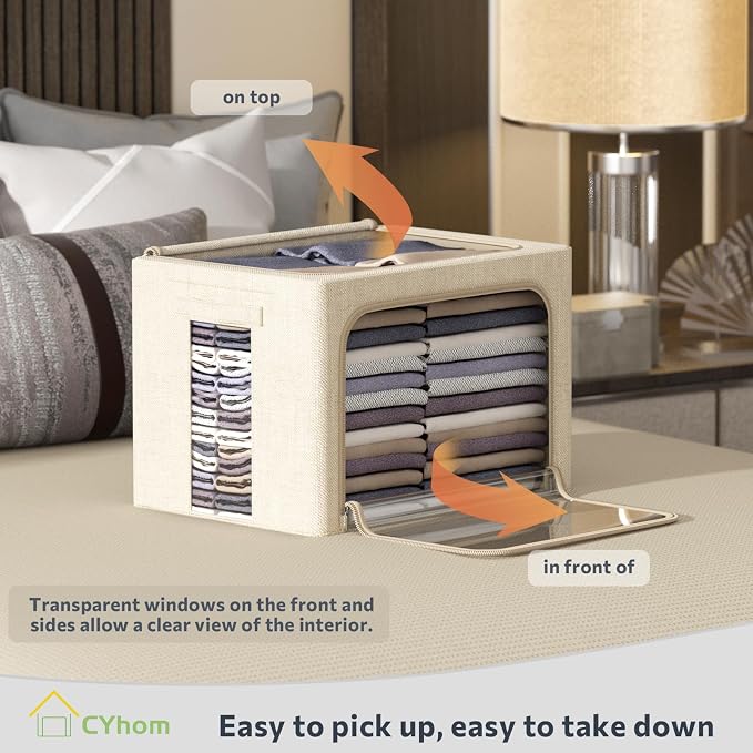 CYhom Clothes Storage Bins Box - Linen Fabric Foldable Stackable Container Organizer Set with Clear Window & Carry Handles & Metal Frame for Bedding, Blankets, Books (Beige, Medium-36L)
