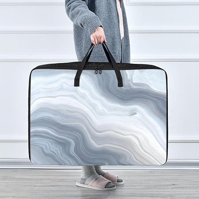 Comforter Storage Bags Large Folding Blanket Organizer Bag with Strong Handles Clear Window Closet Storage Containers for Clothes King Queen Pillows Bedding Quilt Duvet Fluid Art Marble Grey