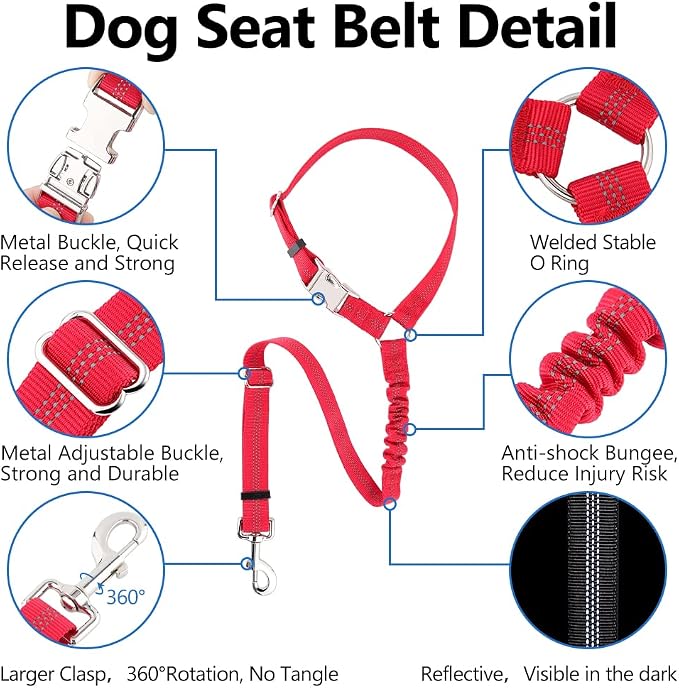 Plutus Pet Dog Seat Belt for Car Headrest, Reflective with Elastic Bungee | Adjustable Restraint for Safety, Vehicle Seatbelt Harness for Small Medium Large Dogs and Cats, Red