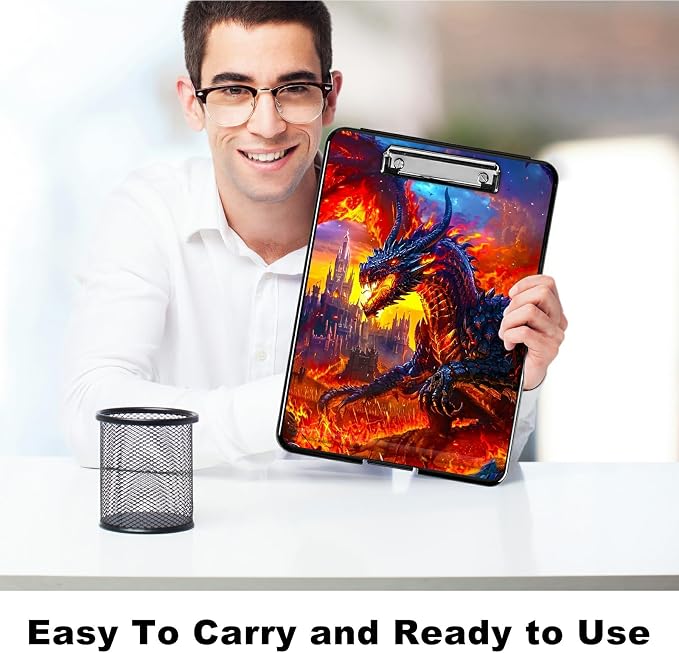 Castle Flaming Dragon A4 Clipboard with Storage Pen Holder, Clipboards Organizer Nursing Clipboard Foldable File Folder Plastic Clipboard Folio Clip Board for Office Students Classroom