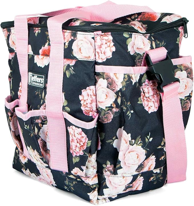 Jeffers Expression Deluxe Horse Grooming Bag – Large Zip Top Equestrian Tote w/Multiple Pockets, Handles & Adjustable Shoulder Strap, Padded Feet for Barn Essentials 11.5"x10.5"x8.5" - Rose Garden