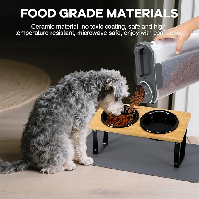 LEAWALK Upgraded Adjustable Height Cat Food Bowls Stand Ceramic Dog Bowls and Slow Feeder Cat Bowl, 15°Tilted Stand Anti Vomiting Raised for Small and Medium Sized Cats Dogs (Black)