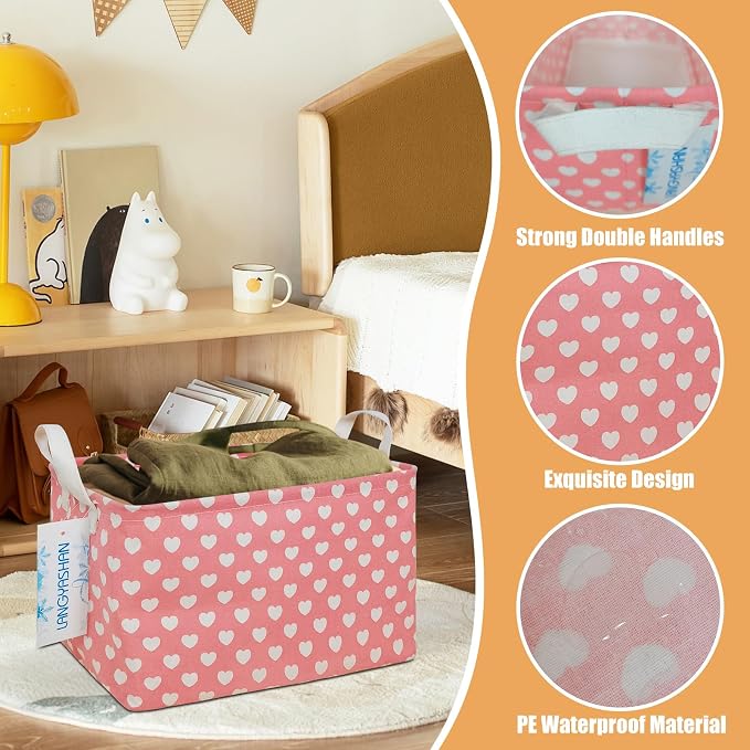 Rectangular Collapsible Storage Basket Nursery Organizer Pink Heart | Storage Bin Foldable Canvas with Handles for Organizing Home Kitchen Children Toys Office Closet Shelf Baskets