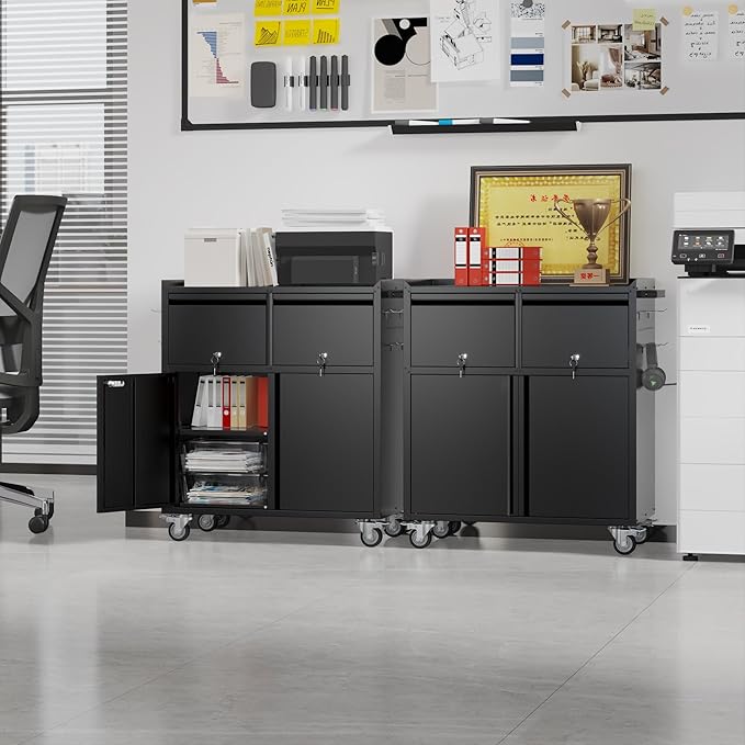 Reemoon Metal Garage Storage Cabinet on Wheels, Tool Storage Cabinet with Drawers Pegboard and 4 Hooks for Garage, Home, Office,Assembly Required,Black