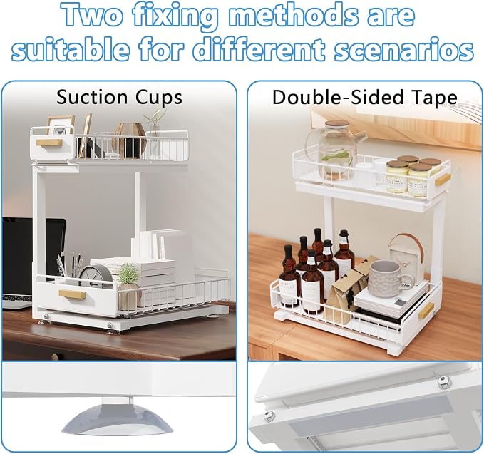 Under Sink Organizer Kitchen - Upgraded Professional Rails, 2 Tier Dual Pull Out Cabinet Storage, Height Adjustable Under Sink Storage, Metal Sliding Drawer for Kitchen & Bathroom, White, 2 Pack