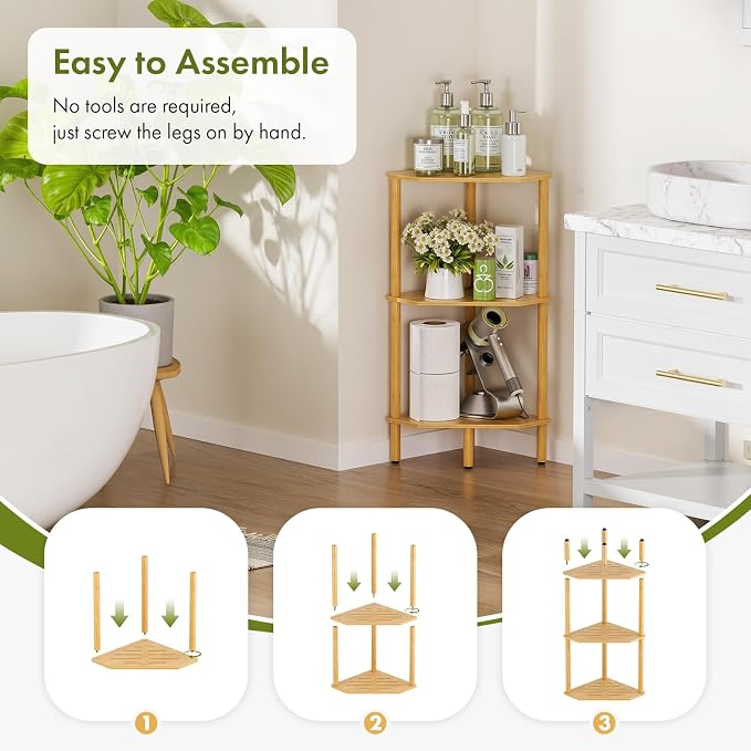 3 Tier Bamboo Corner Shelf, Storage Stand with Adjustable Feet, Small Spaces Corner Bookshelf, Plant Stand, Space-Saving Organizer Shelves, Small Corner Table for Bathroom Kitchen Living Room