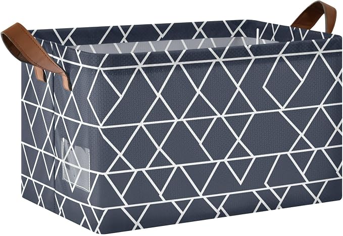 White and Dark Blue Geometric Storage Basket Foldable Cube Storage Bins with Handles&Label Waterproof Collapsible Organizer Box Bin Large Rectangle Decorative Baskets for Shelves Home Room Laundry