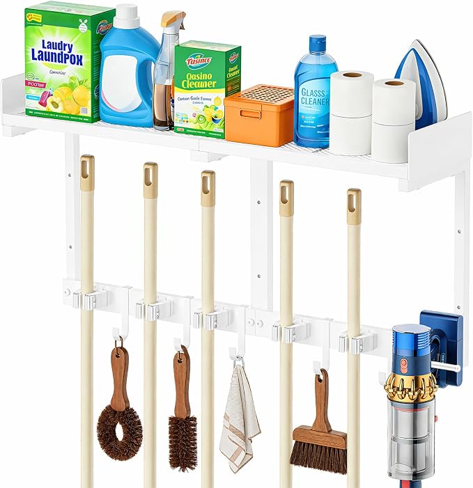 HUFAND Broom Holder Wall Mount, 27" Mop and Broom Organizer with Top Shelf | 5 Grippers,5 Movable S-Hooks,Breathable Grid Shelf,Rust-Resistant Coating,Hardware Included,for Kitchen,Laundry Room