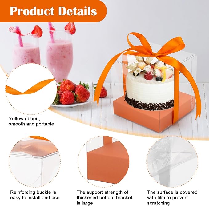 12 PCS Clear Cupcake Boxes 3.5 Inch Cupcake Containers (Orange) | Disposable Cupcake Carrier Plastic Individual Cupcake Storage Holder with Ribbons and Inserts for Wedding, Birthday Party
