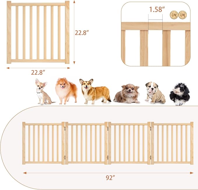 YOCAN Non-Painted Wooden Freestanding Dog Gates -4 Panel H:23” | Pet Gate for The House,Doorways, Stairs,Wood Dog Fences Indoor Pet Gate,Step Over Fence