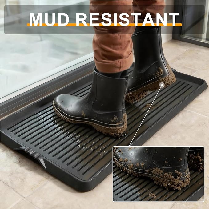 BEHERO Boot Tray Shoe Mat, Rubber Shoe Matt Tray Indoor/Outdoor Use, 16" x27.5" Shoe Cleaning Mat Non-Slip with Raised Edge for Entryways, Decks, and Patios (Black)