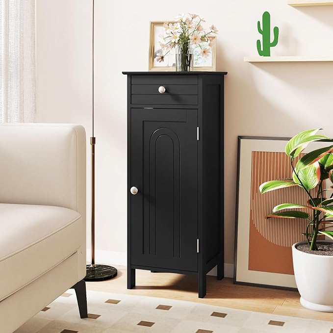 GLACER Floor Storage Cabinet, Bathroom Storage Cabinet (Black) | 2 Adjustable Shelves | Ideal for Bathroom, Living Room | 14 x 12 x 34.5 inches