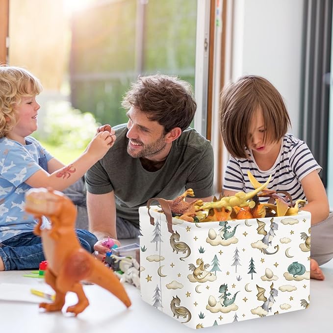 Rectangular Dinosaur Baskets,Watercolor cute dragon fairy tale kids nursery basket,Cloud moon star dragon egg laundry basket for kid,Toys Box,Dinosaur Room Decor(Cute dinosaur)