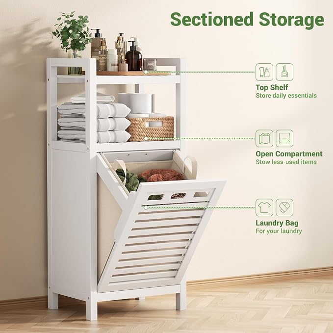 Homykic Tilt Out Laundry Hamper Cabinet, 10 Gal Bamboo Laundry Organizer | Wooden Laundry Basket with Removable Bag, Hidden Hamper with Shelf for Clothes, Bathroom, Laundry Room, Space Saving, White