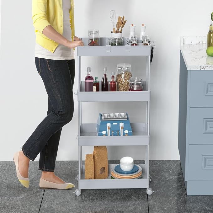 4 Tier Rolling Cart with Wheels, Storage Craft Art Trolley Organizer Serving, 3 Hanging Baskets Easy Assembly, for Office, Living Room, Kitchen