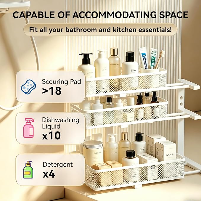 1 Pack 3 Tier Under Sink Organizer with Pull Out Drawer, Height Adjustable Heavy Duty Metal Under Cabinet Organizer, Smooth Sliding Storage Shelf for Kitchen, Bathroom Cabinet Organization, White