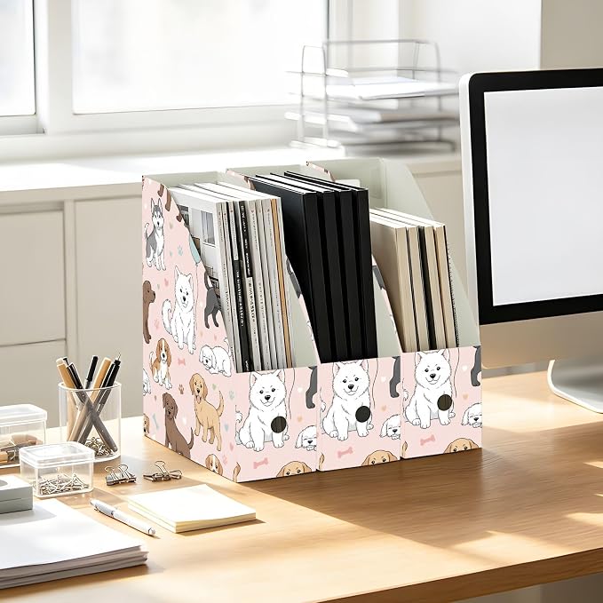 Emelivor Cute Pets Dogs Pink Pattern Magazine Holder Set of 3 Desk File Organizer Foldable Vertical Folder Holder with Labels for Office Organization Book Bins for Library Classroom Home
