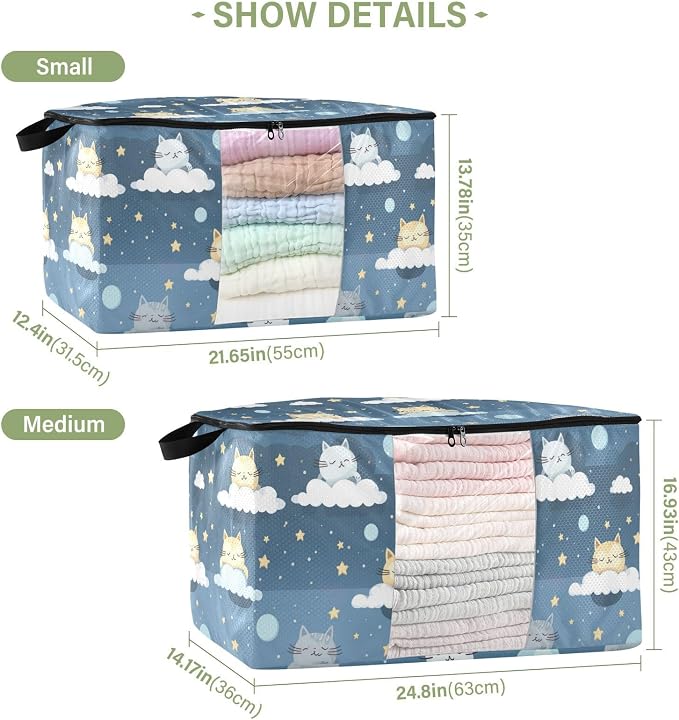Cute Cats Cloud Clothes Storage Bag Bins 2 Pack Foldable Storage Containers Large Closet Organizer with Zipper Blanket Storage Bag for Pillows Clothing Comforters 60L