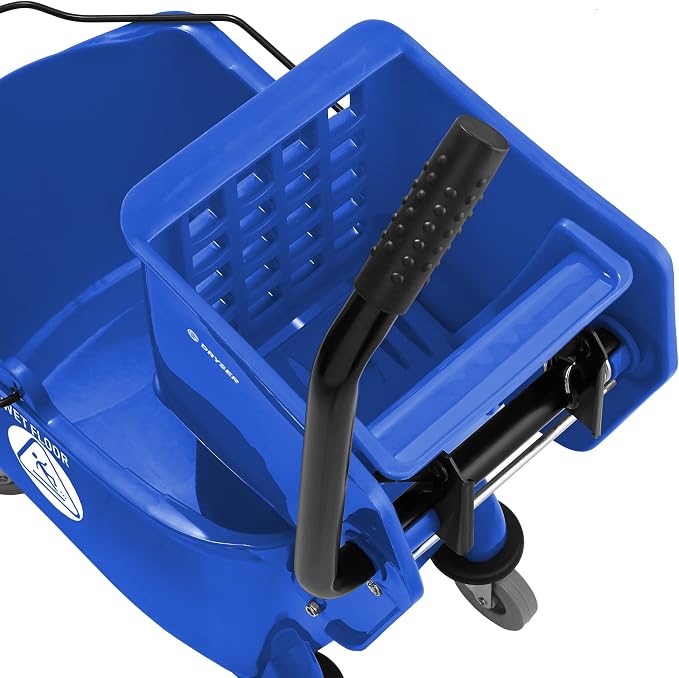Commercial Janitorial Cleaning Cart on Wheels with Shelves and Vinyl Bag & Commercial Mop Bucket with Side Press Wringer, 26 Qt. Blue
