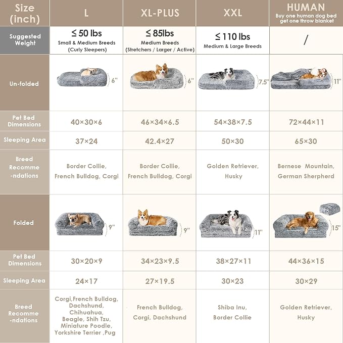 EHEYCIGA Foldable XXL Dog Bed for Large Sized Dog - 54x38x7.5, Grey | Faux Fur Fluffy Pet Couch Bed, Orthopedic Calming Memory Foam Big Pet Bed, Washable Pet Sofa Bed with Non-Slip Bottom