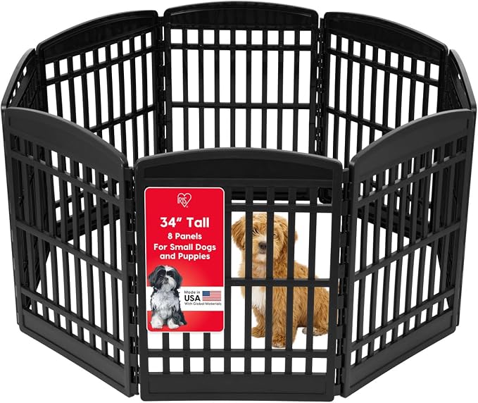 IRIS USA 8-Panel Dog Playpen, Pet Enclosure, Black | Puppy Training, Custom Pen Configuration, Configurable Layout, Multi-Shape Setup, Secure Door Latch, Stable Non-Tip Base