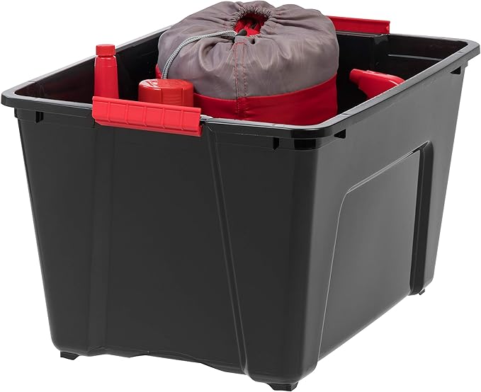 IRIS USA 4-Pack 54 Quart Storage Bins with Lids, Black | Black finish conceals stored items. Perfect for moving, blankets, clothing, and garage storage. Nestable design saves space