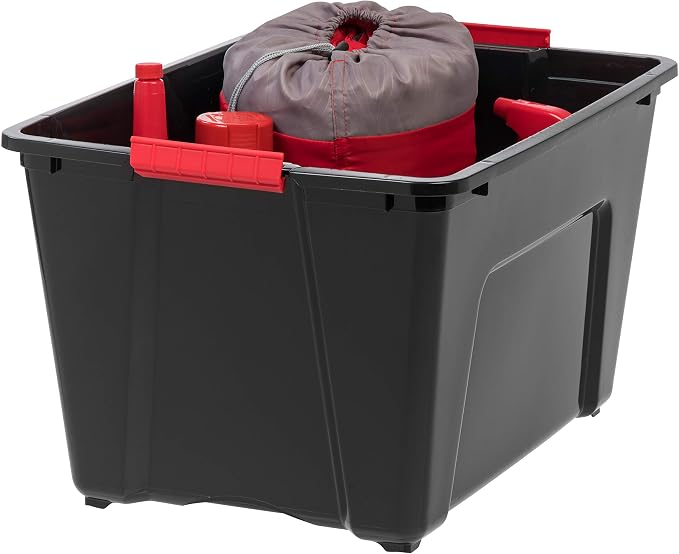 IRIS USA 6-Pack 54 Quart Storage Bins with Lids, Black | Black finish conceals stored items. Perfect for moving, blankets, clothing, and garage storage. Nestable design saves space