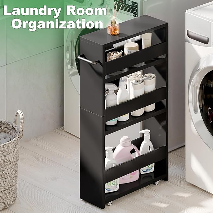 MARTY Slim Rolling Storage Cart, Wood Utility Kitchen Bathroom Laundry Cart | 4 Tier Kitchen Cart with Wheels Handle, Laundry Room Organization, Narrow Bathroom Storage Cabinet, 5.5" Wide Storage Trolley