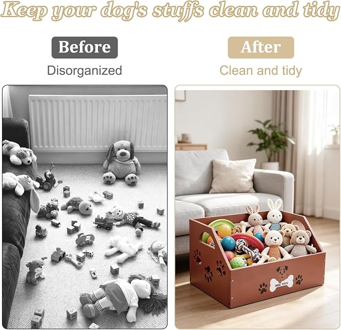 Large Dog Toy Bin Basket 16.5x11 Pinewood Dog Toy Storage Box Rerctangle Decorative Pet Toy Organizer with Paw Print Design & Handles for Pets Toys Food Blankets Clothes