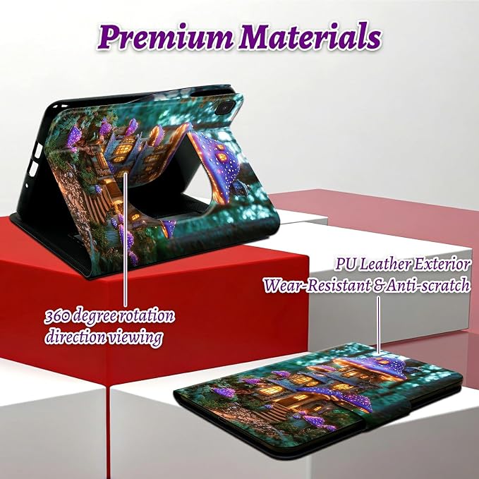 Rotating Handle Case for Samsung Galaxy Tab A7 Lite 2021 8.7", 360 Degree Swivel Kickstand with Magnetic Closure Shockproof Leather Protective Cover for Women Men, Purple Mushroom Castle