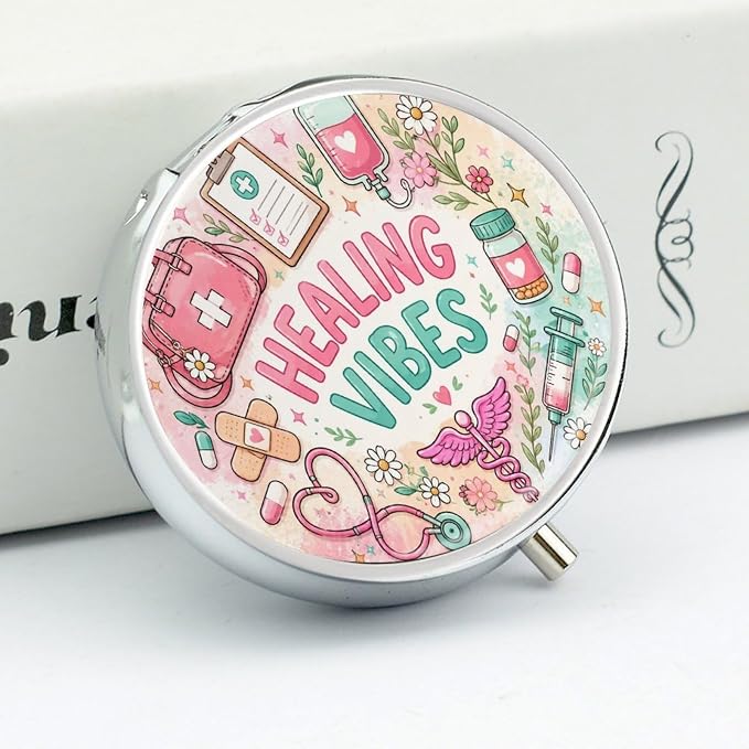 Healing Vibes with Pastel Blooms Round Pill Box with 3 Compartments, Portable Travel Pill Organizer with Spring Snap Closure for Vitamins Supplements Fish Oil