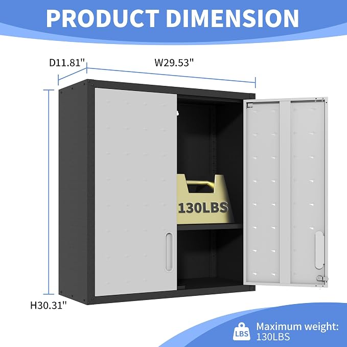 Metal Storage Cabinet for Garage, Tool Cabinet, Utility Cabinet | Wall Mounted, Hanging Tool Cabinet, Lockable, 2 Doors, Adjustable Shelves, Assembly Required, Black & Grey