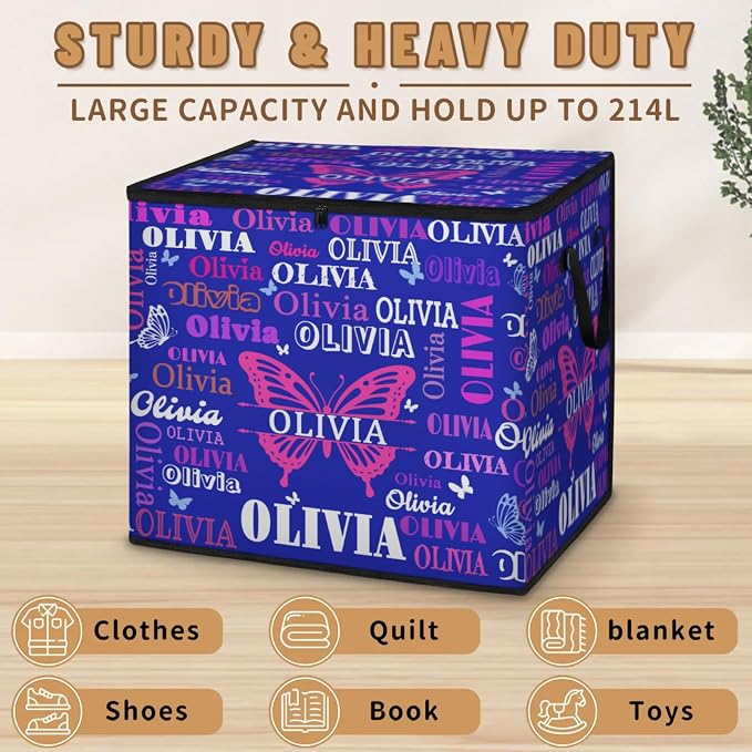 Custom Name Large Clothes Storage Organization with Lids, Kids Toys Bin Shelf Basket, Bedding Clothes Towel Navy Blue Butterflies Storage Bin for Nursery, Gift Basket, Pet Basket